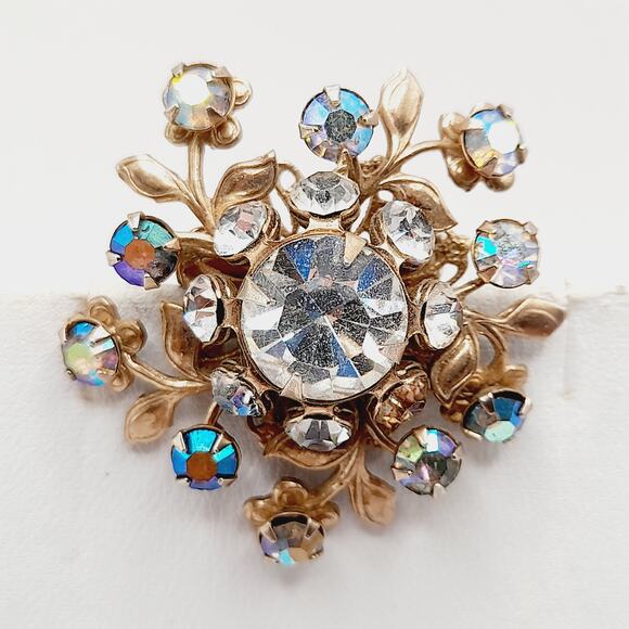 Vintage 1950s Flower Brooch Clear & Blue Fire Rhinestones Filigree 3D Design - Picture 5 of 10